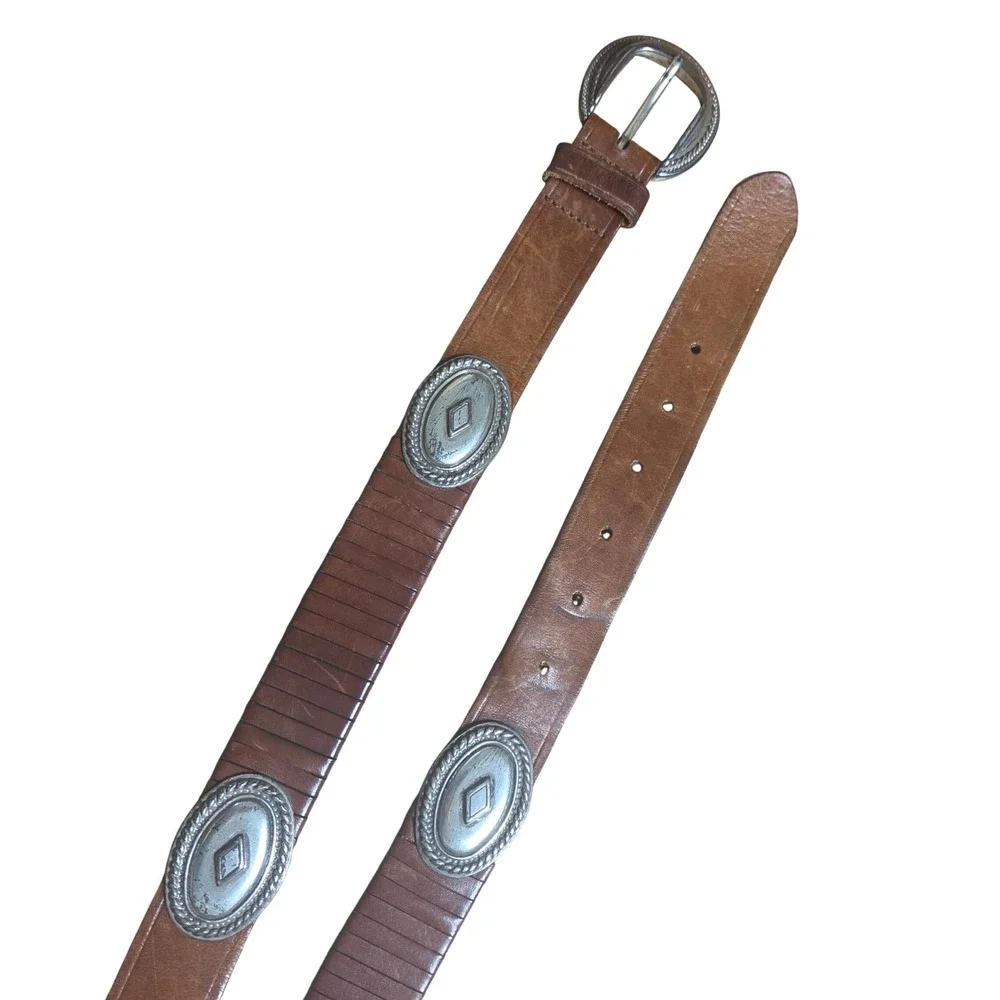 Vintage Brown Leather Western Concho Belt 30 Silver Tone Buckle Festival Boho